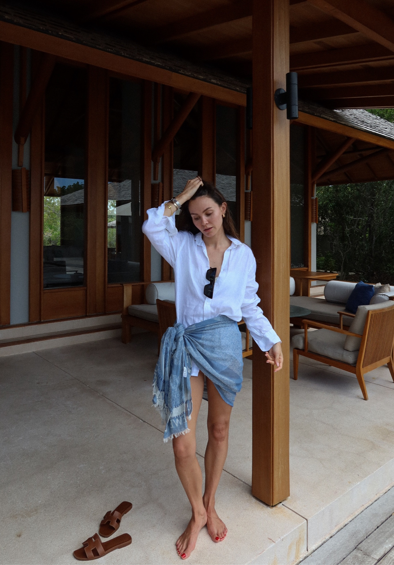 With nothing underneath, Loewe, Hermes, Ysl, Monica vinader, summer outfit, holiday outfit, beach outfit, linen shirt, blue sarong, oversized shirt, beach cover up, summer outfits, holiday outfits

#LTKeurope #LTKsummer #LTKstyletip