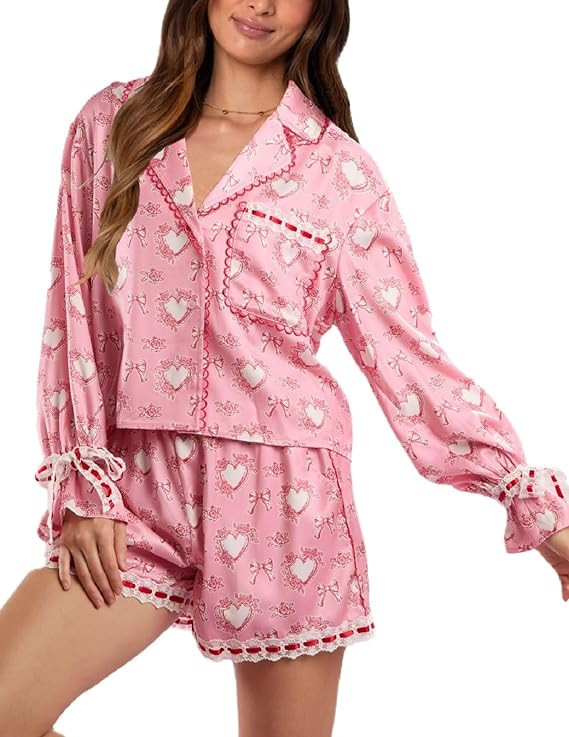Argeousgor Women Valentine's Day Silk Pajamas Set Bow Pjs Long Sleeve Button Down Shirt Shorts He... | Amazon (US)