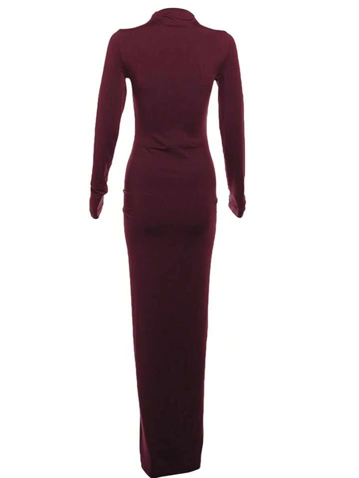 Women Fitted Crew Neck Long Sleeve Ruffle Hem Solid Color Dress, Spring/Autumn | SHEIN