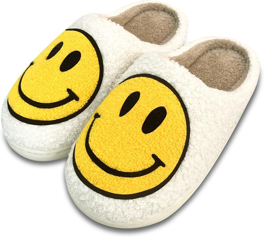 Smiley Face Slippers,Retro Soft Plush Lightweight House Slippers Slip-on Cozy Indoor Outdoor Slipper | Amazon (US)