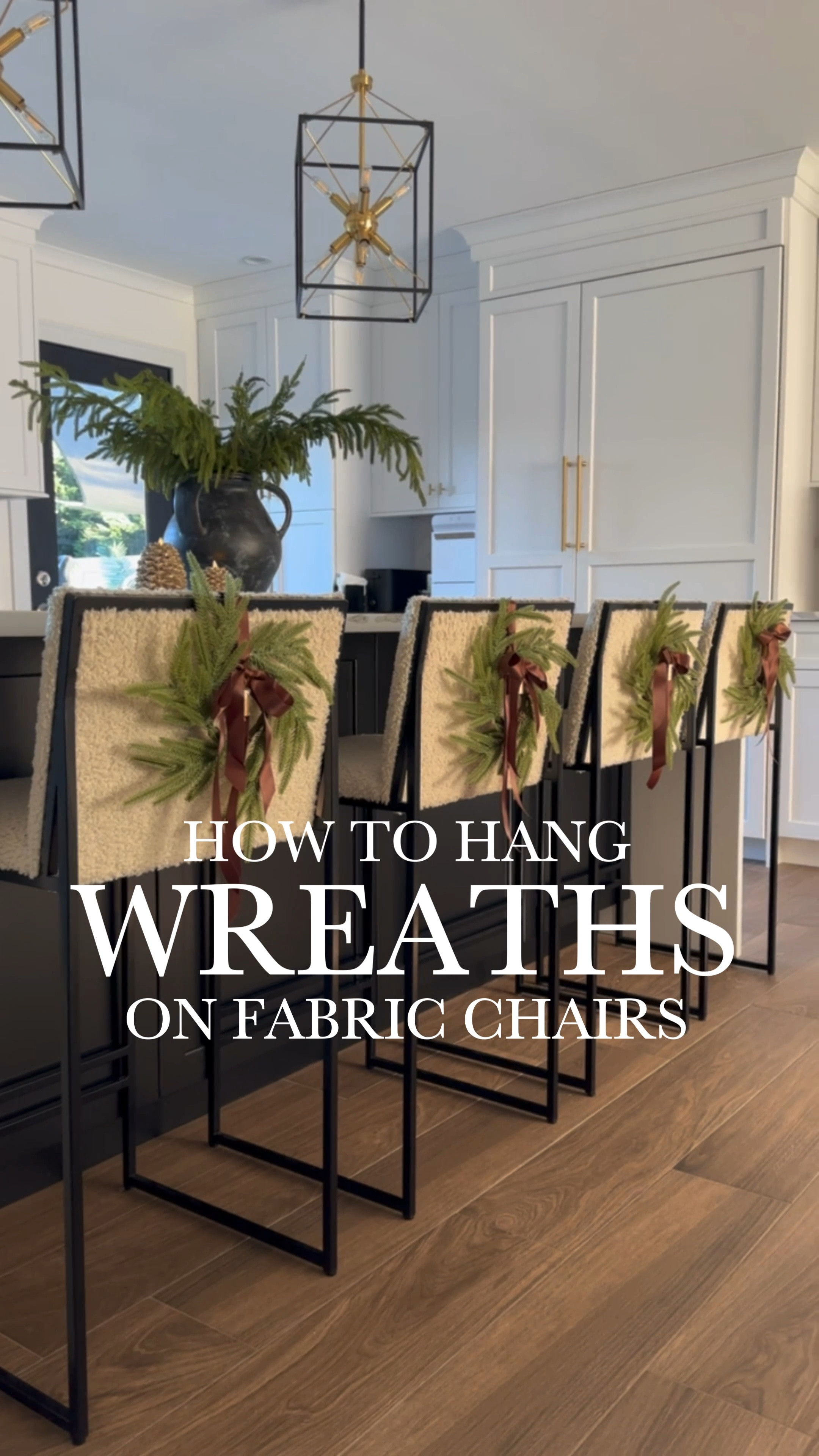 Mini wreaths, counter stools, boucle chairs. I wanted to hang mini wreaths on my fabric stools, but since they were fully upholstered, I needed a solution. I found these gold U-pins, and they worked perfectly! What do you think of the wreaths? Love the little bells! 

#LTKHoliday #LTKHome #LTKFindsUnder50