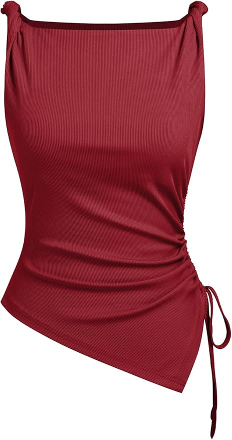 CIDER Womens Going Out Tops Ruched Sleevelss Boat Neck Asymmetrical Hem Summer Club Crop Tank Top... | Amazon (US)