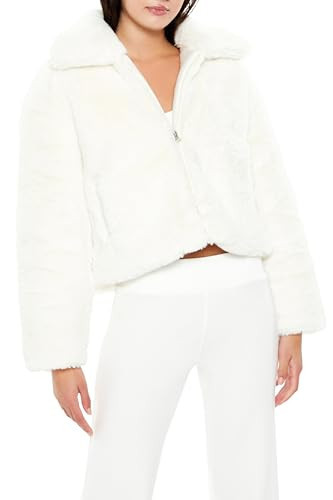 Forever 21 Women's Faux Fur Zip-Up Coat White Small | Amazon (US)