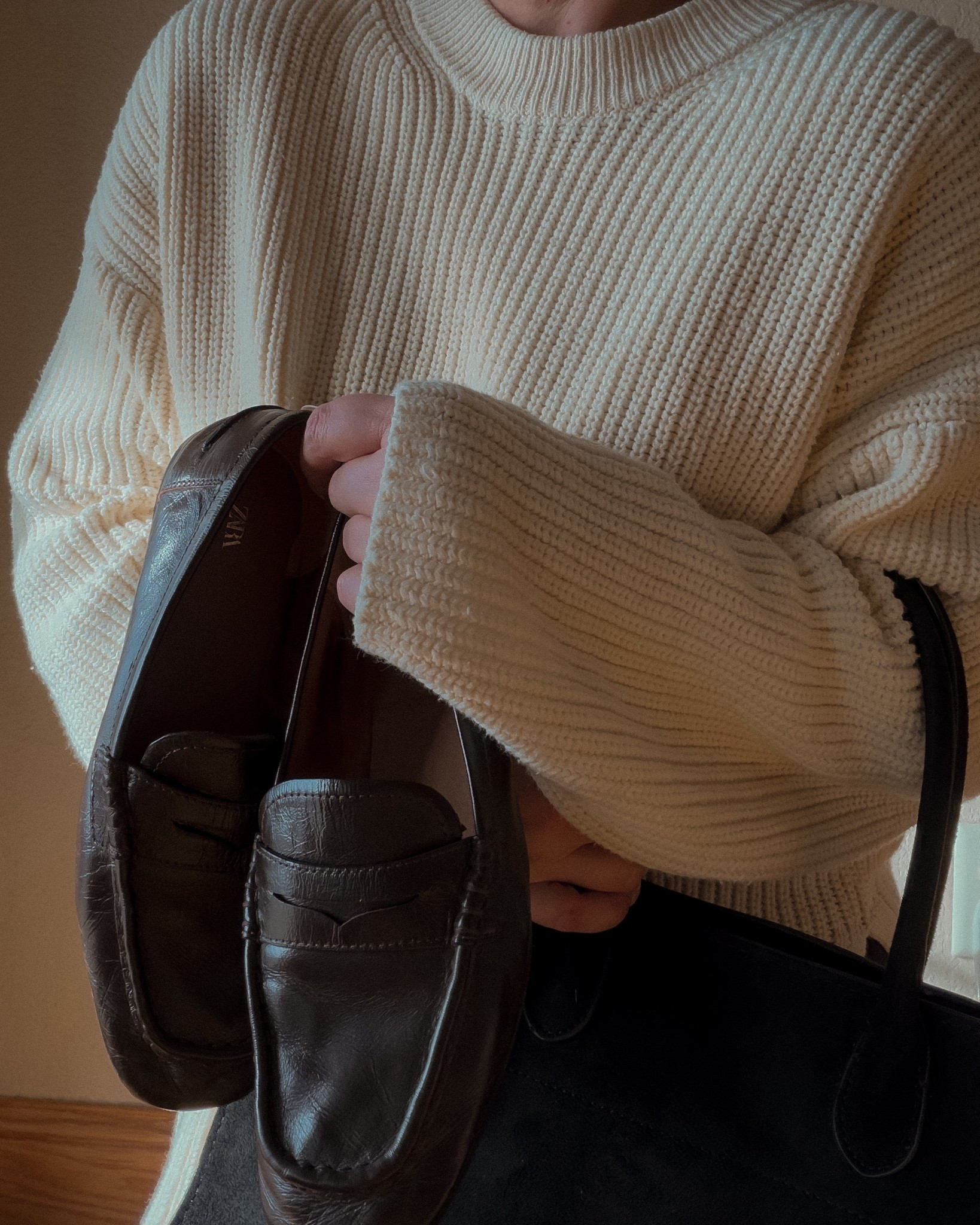 rib knit cream sweater | brown loafers | black suede bag

#LTKOver40