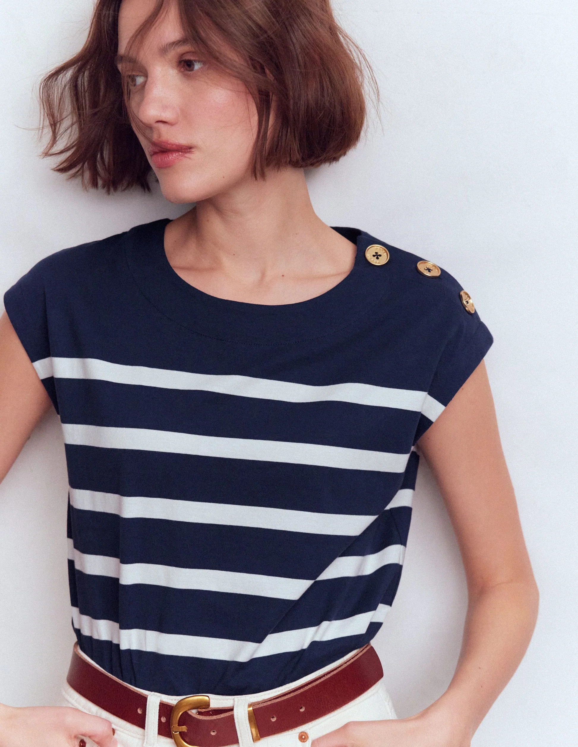 Button Detail T-Shirt-Navy and Ivory Stripe | Boden (US)