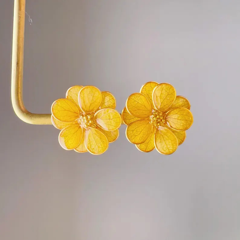Handmade Yellow Dried Hydrangeas Flower Petals Earrings - Etsy | Etsy (US)