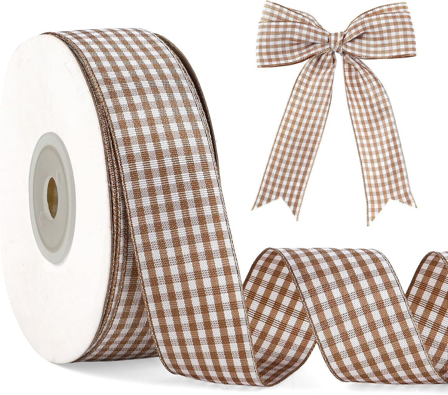 25 Yards Brown Gingham Ribbon 1 Inch Brown and White Plaid Ribbon | Amazon (US)