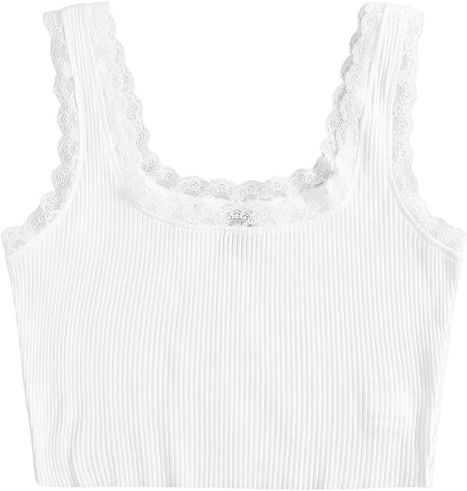SweatyRocks Women's Sleeveless Scoop Neck Lace Trim Ribbed Knit Crop Cami Tank Top | Amazon (US)