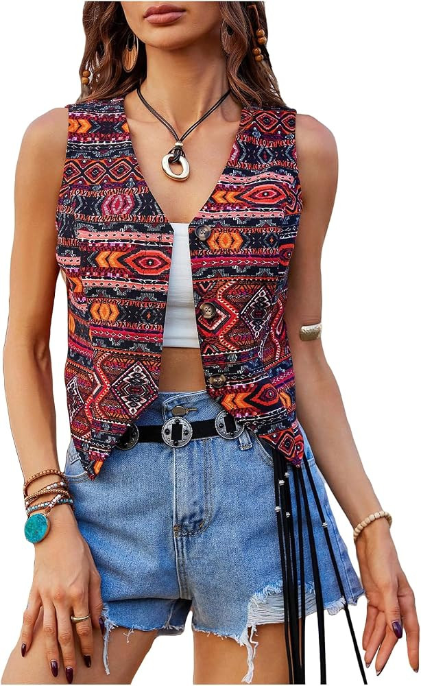 Verdusa Women's Tribal Print Button Front Crop Vest Boho Open Front Sleeveless Jacket | Amazon (US)