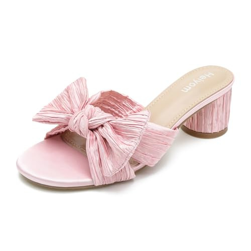 Heiyom Women's Bowknot Low Chunky Heels Mules Sandals Slip on Pleated Bow Heels Wedding Bridal Party Dress Shoes Pink 42US10 | Amazon (US)