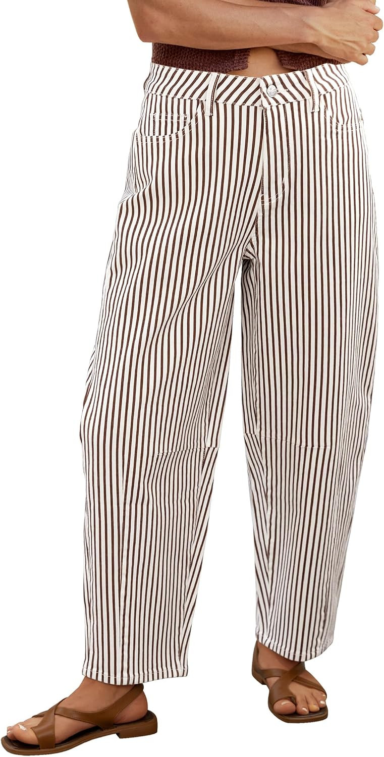 luvamia Barrel Jeans for Women Trendy Baggy Wide Leg Striped High Waisted Cropped Casual Pinstripe Stretchy Denim Pants | Amazon (US)