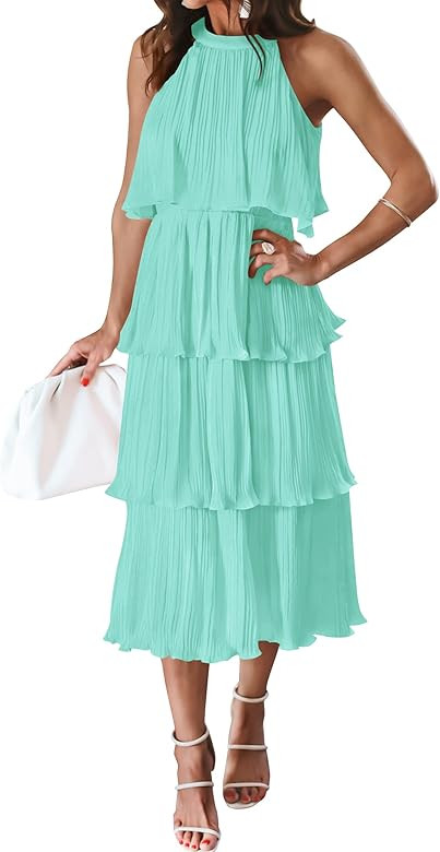 ZESICA Women's 2023 Summer Sleeveless Halter Neck Ruffle Tiered Layed Chiffon Flowy Swing Long Mi... | Amazon (US)