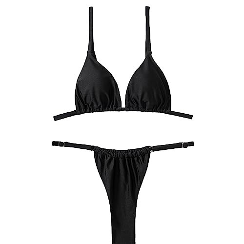 Silkglory Black Bikini Set,Bikini for Women 2024 Triangle Bikini Glitter Solid Cheeky Halter Bathing Suit for Women 2 Piece Bikini, Push Up V Neck String Thong Sexy Bikini - S | Amazon (US)