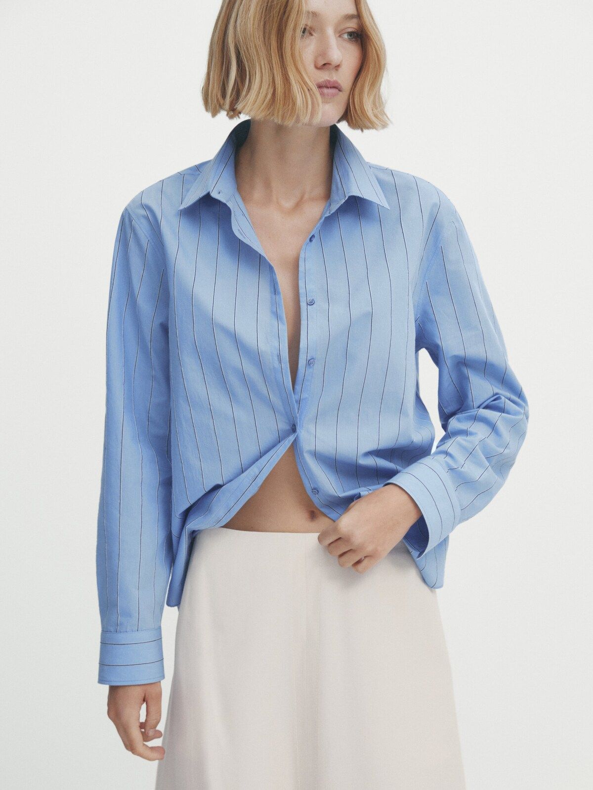 Wide striped cotton blend shirt | Massimo Dutti UK