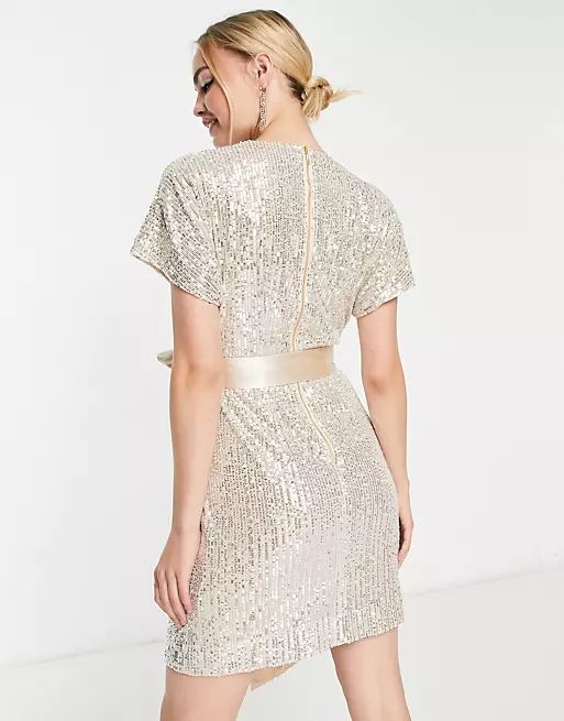 Closet London kimono wrap sequin mini dress in champagne | ASOS (Global)