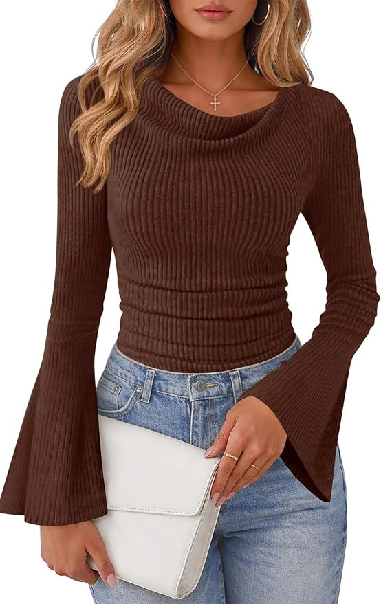 Lazysmile Women's Bell Sleeve Cowl Neck Ribbed Knit Crop Tops | Amazon (US)