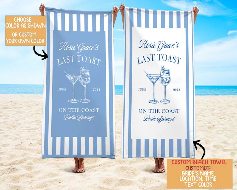 Stripped Bachelorette Beach Towels, Custom Bride Bridesmaid Beach Towel, Last Toast on the Coast ... | Etsy (US)