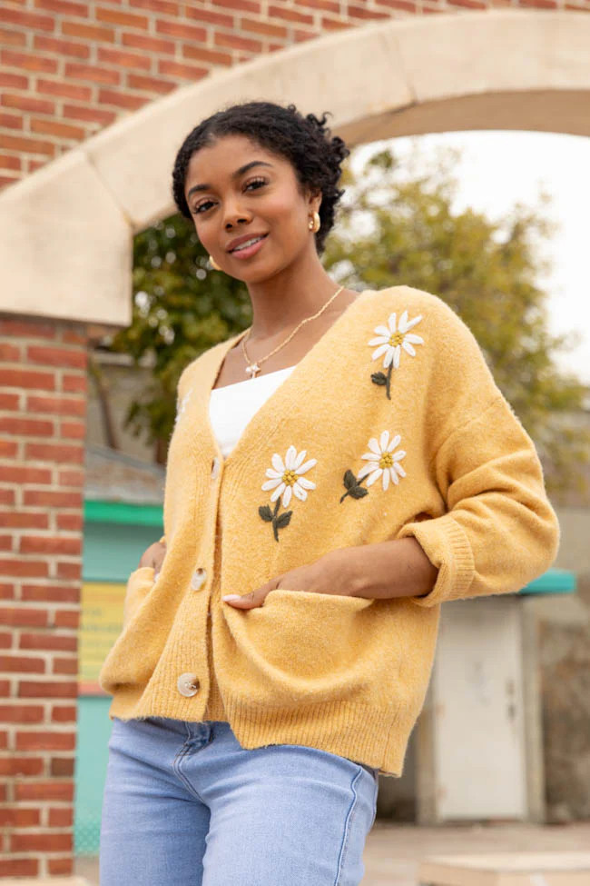 Fields Of Hope Mustard Floral Embroidered Cardigan | Pink Lily