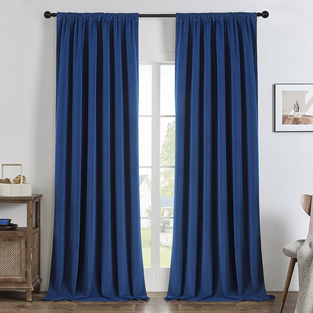 Joydeco 100% Blackout Curtains 96 Inch Long 2 Panels, Luxury Black Out Thermal Insulated Blue Vel... | Amazon (US)