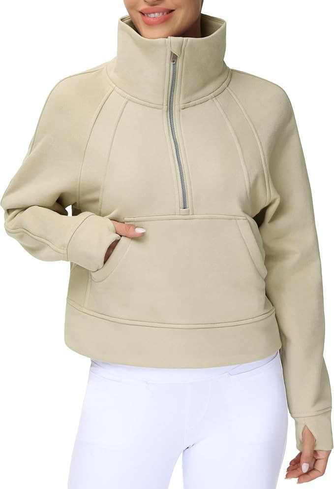 THE GYM PEOPLE Womens' Half Zip Pullover Fleece Stand Collar Crop Sweatshirt with Pockets Thumb H... | Amazon (US)