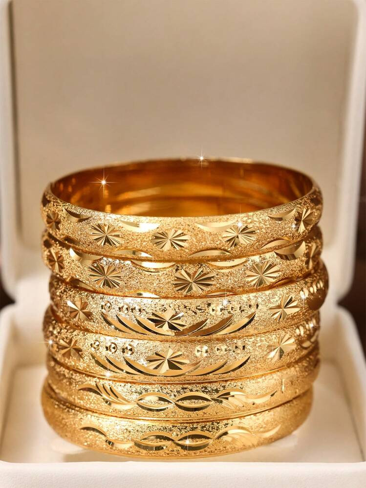 1/3/6 Pcs Sandy-Gold Exquisite Hand-Carved Star Beautifully Plated 24k Gold 10mm Wide Bracelet Suitable For Women, Excluding Box | SHEIN
