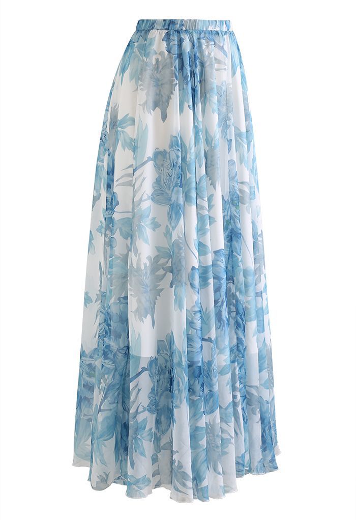 Vibrant Flower Print Chiffon Maxi Skirt in Blue | Chicwish