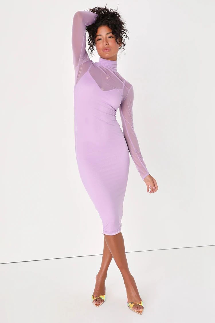 Dazzling Haze Lavender Mesh Long Sleeve Bodycon Midi Dress | Lulus
