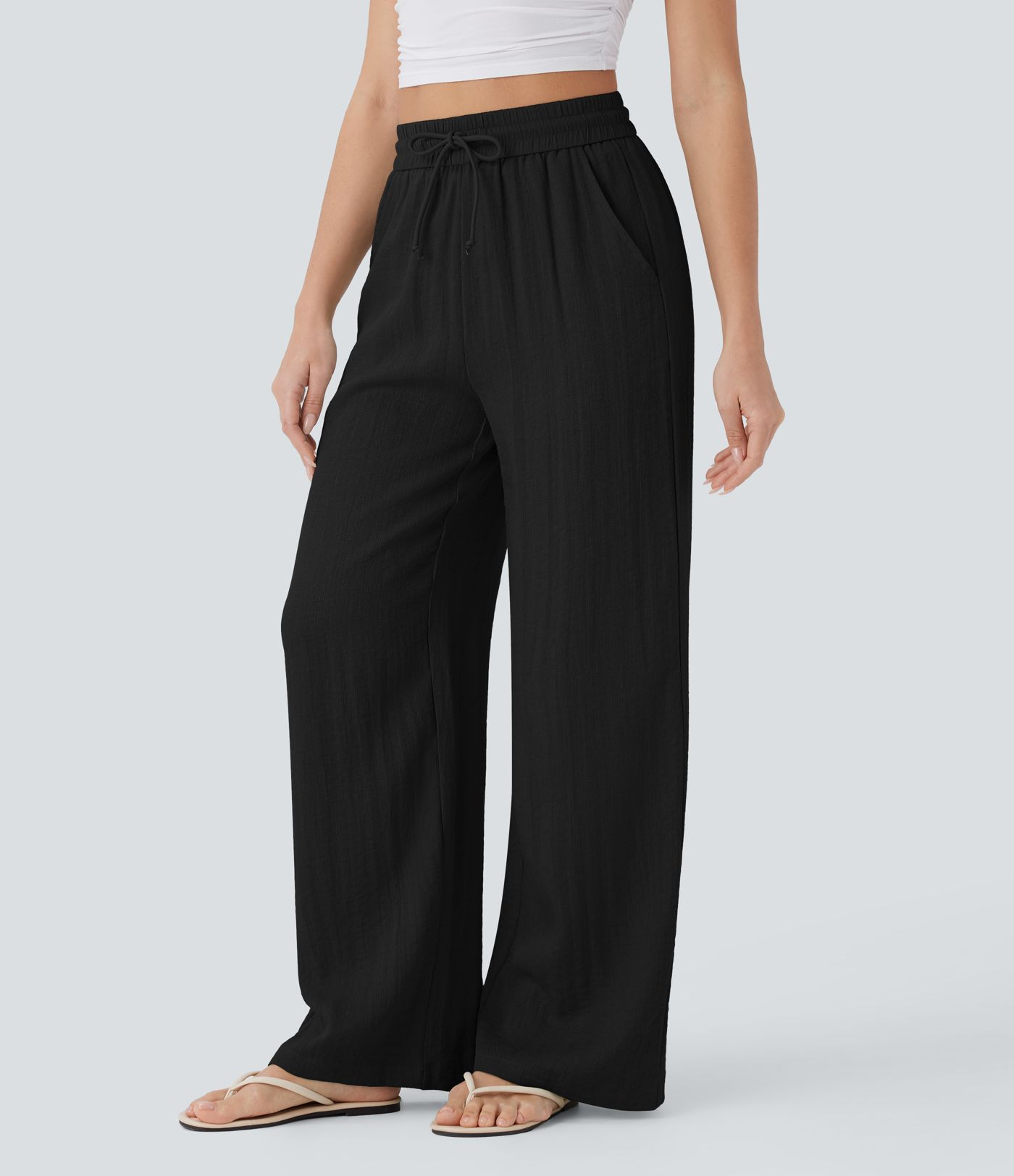 Women\u2019s High Waisted Drawstring Pocket Wide Leg Baggy Casual Linen-Feel Pants - Halara | HALARA