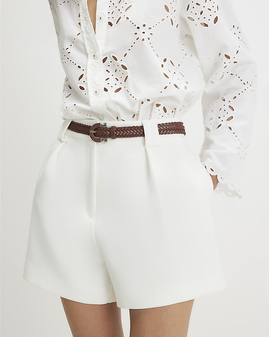 White Plaited Belt Tailored Shorts | River Island UK & IE