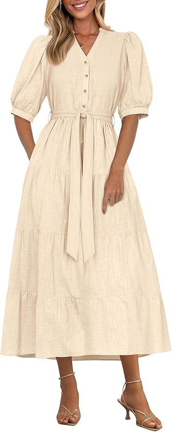 PRETTYGARDEN Women's Summer Midi Dress 2025 Casual Short Sleeve V Neck Buttons Belted Ruffle A Li... | Amazon (US)
