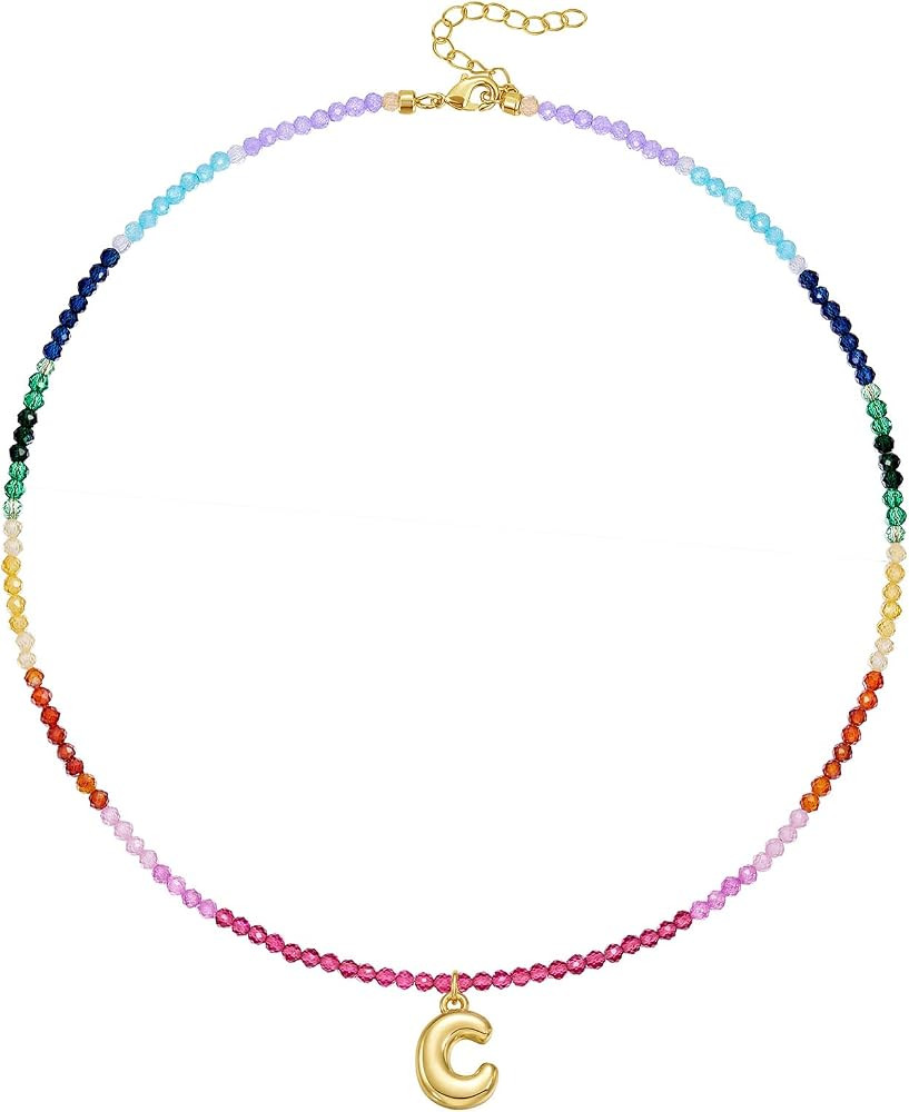 KissYan Beaded Initial Necklace, 14K Gold Plated Bubble Letter Pendant Rainbow Gemstone Choker Co... | Amazon (US)