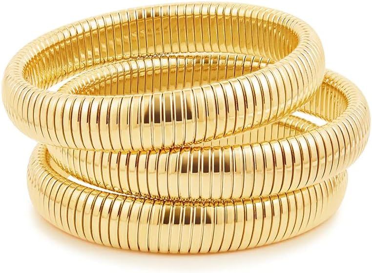 CONRAN KREMIX Gold Chunky Bangle Stretch Bracelets Set For Women 14K Real Gold Filled Stainless S... | Amazon (US)