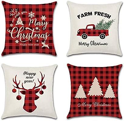 Korlon 4 Pcs Christmas Pillow Covers, Buffalo Plaid Christmas Decorations Red Holiday Pillow Cove... | Amazon (US)