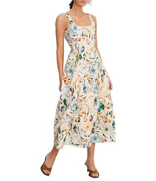 NIC + ZOE Chloe Pressed Flower Square Neck Sleeveless Fit-And-Flare Midi Dress | Dillard's | Dillard's