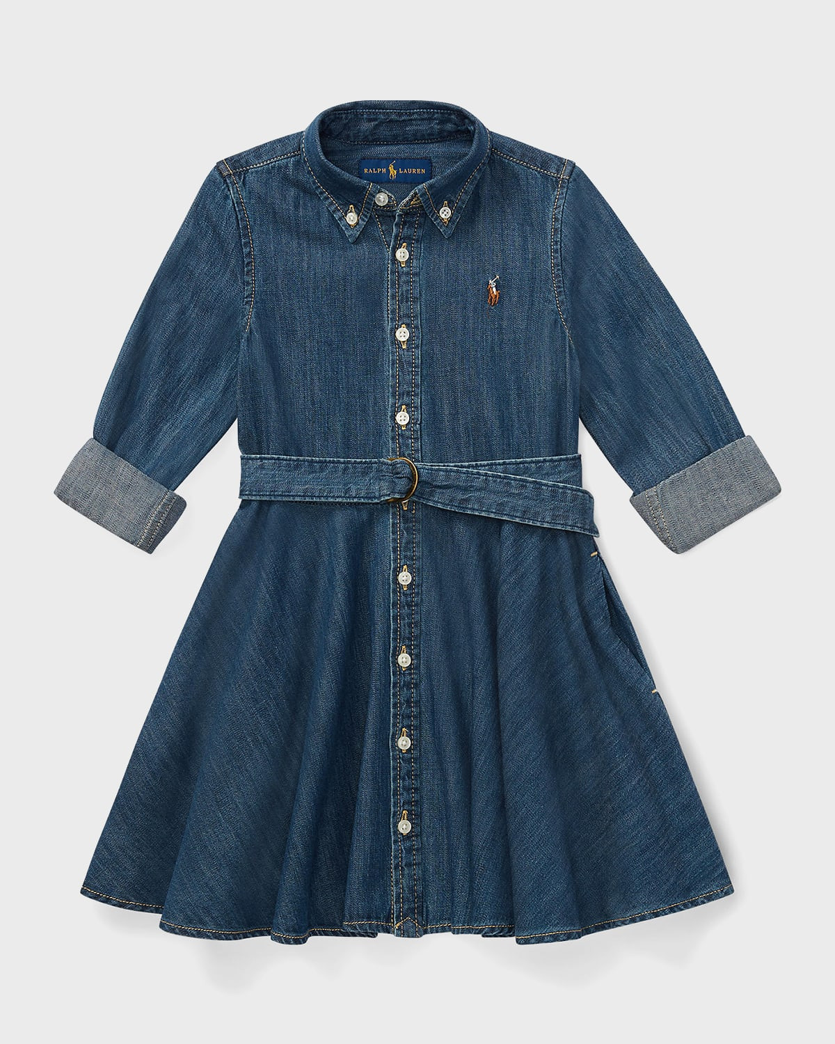 Girl & apos;s Belted Fit-and-Flare Denim Shirtdress, Size 2-6X | Neiman Marcus