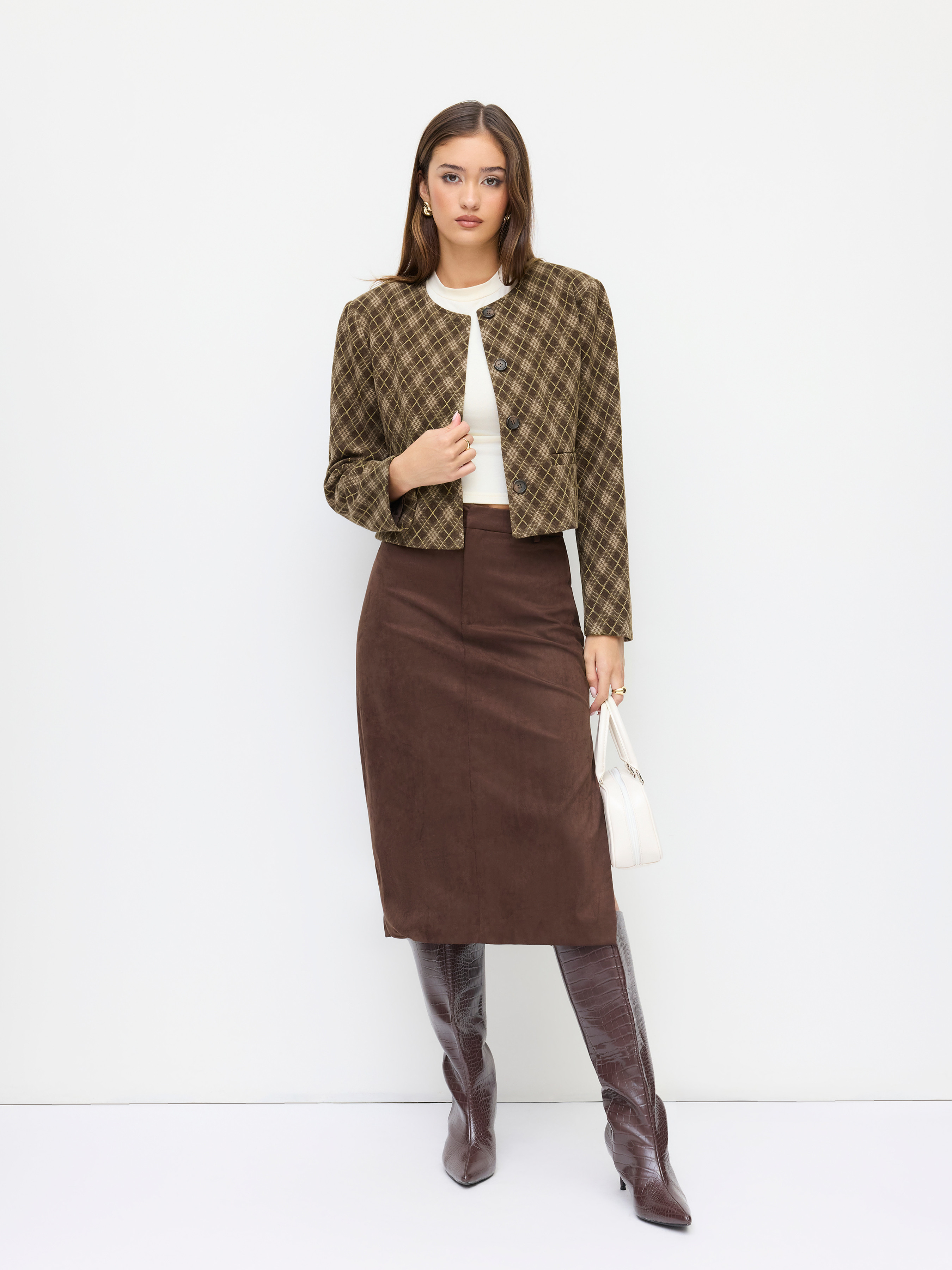 Wool-like fabrics Wool-Look Plaid Long Sleeve Jacket For Work | Cider
