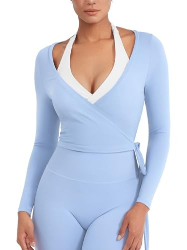 YEOREO Women Pilates Wrap Top Long Sleeve Tie Ballet Workout Yoga Shirt Michelie Y2K V Neck Cropp... | Amazon (US)