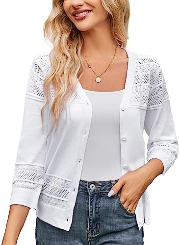 GRACE KARIN Women's 2025 Cropped Cardigan 3/4 Sleeve Lightweight Crochet Shrug Hollowed-Out Knit ... | Amazon (US)