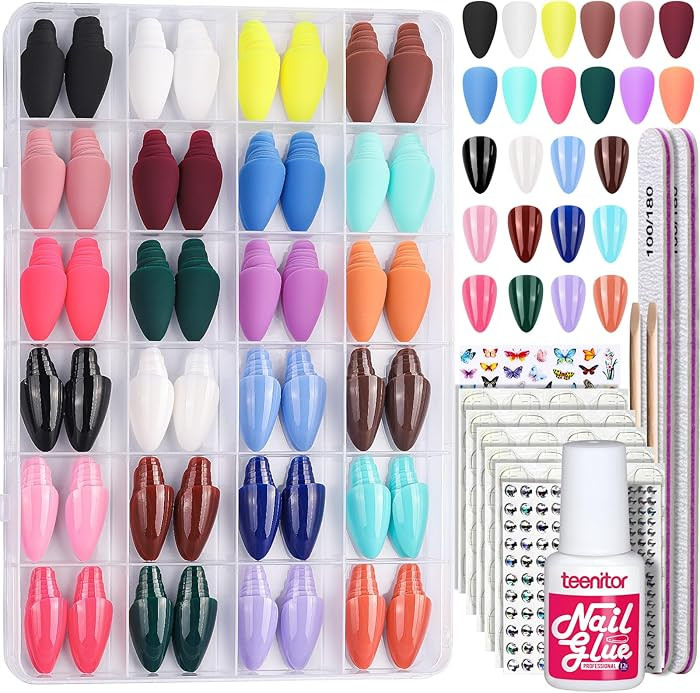 Teenitor 24 Packs Almond Press On Nails, 576 Pcs Medium Almond Nails, Reusable False Nails in 12 ... | Amazon (US)