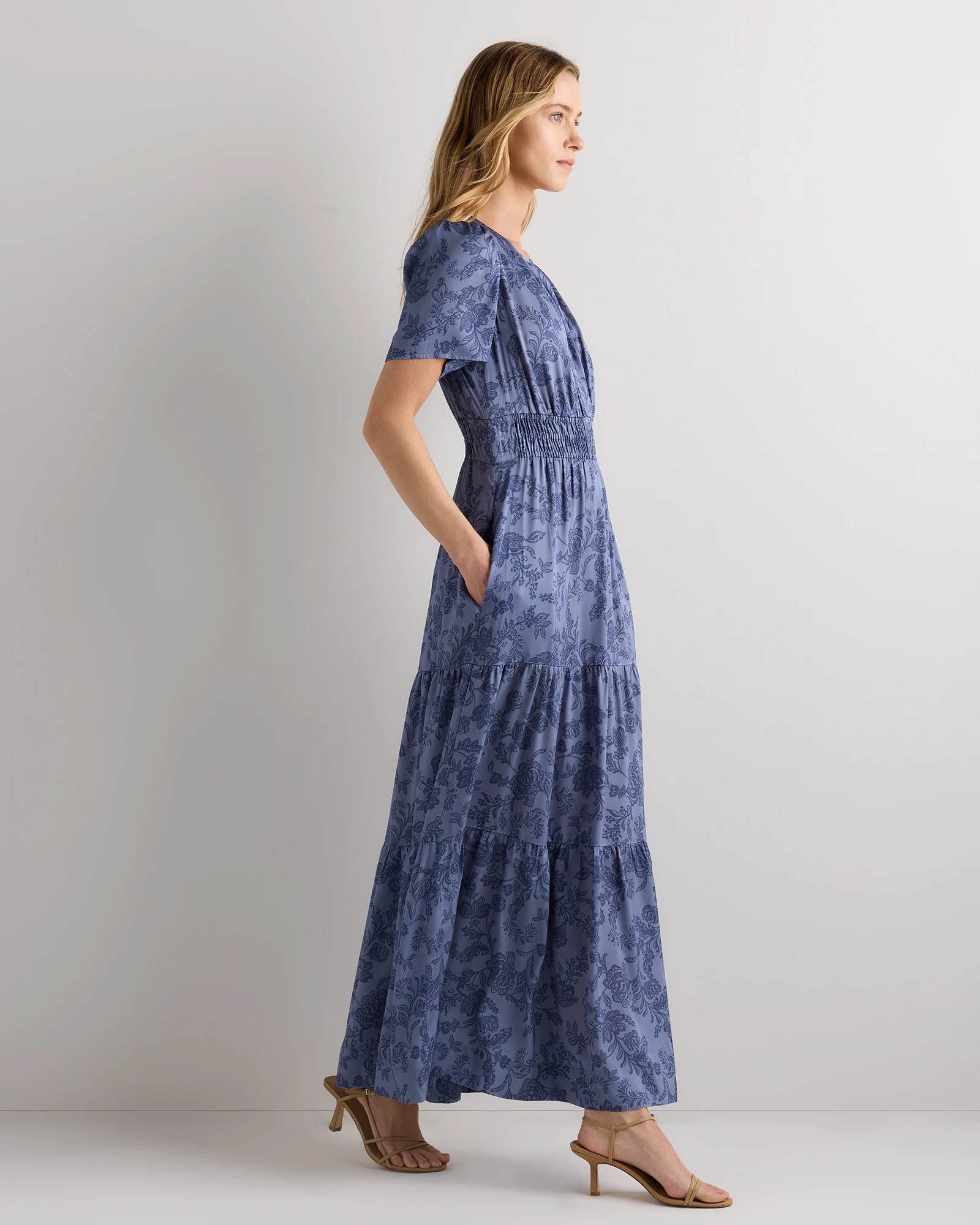 Washable Stretch Silk Tiered Maxi Dress in Moonstone Blue Heirloom Floral | Quince