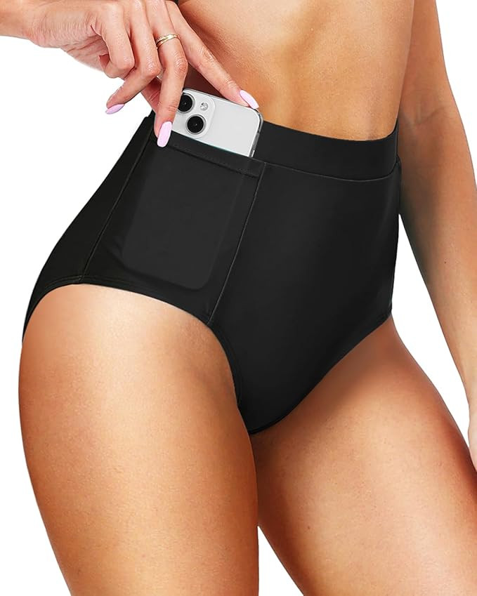 Tempt Me Women's High Waisted Bikini Bottom Full Coverage Tummy Control Swimusuit Bottom with Poc... | Amazon (US)