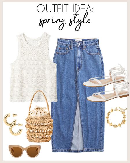 Elevated casual spring to summer outfit idea! 

#springstyle

Denim midi skirt. Lace sweater tank. Target finds. Target straw bucket bag. White lace up sandals  

#LTKSeasonal #LTKstyletip #LTKfindsunder100