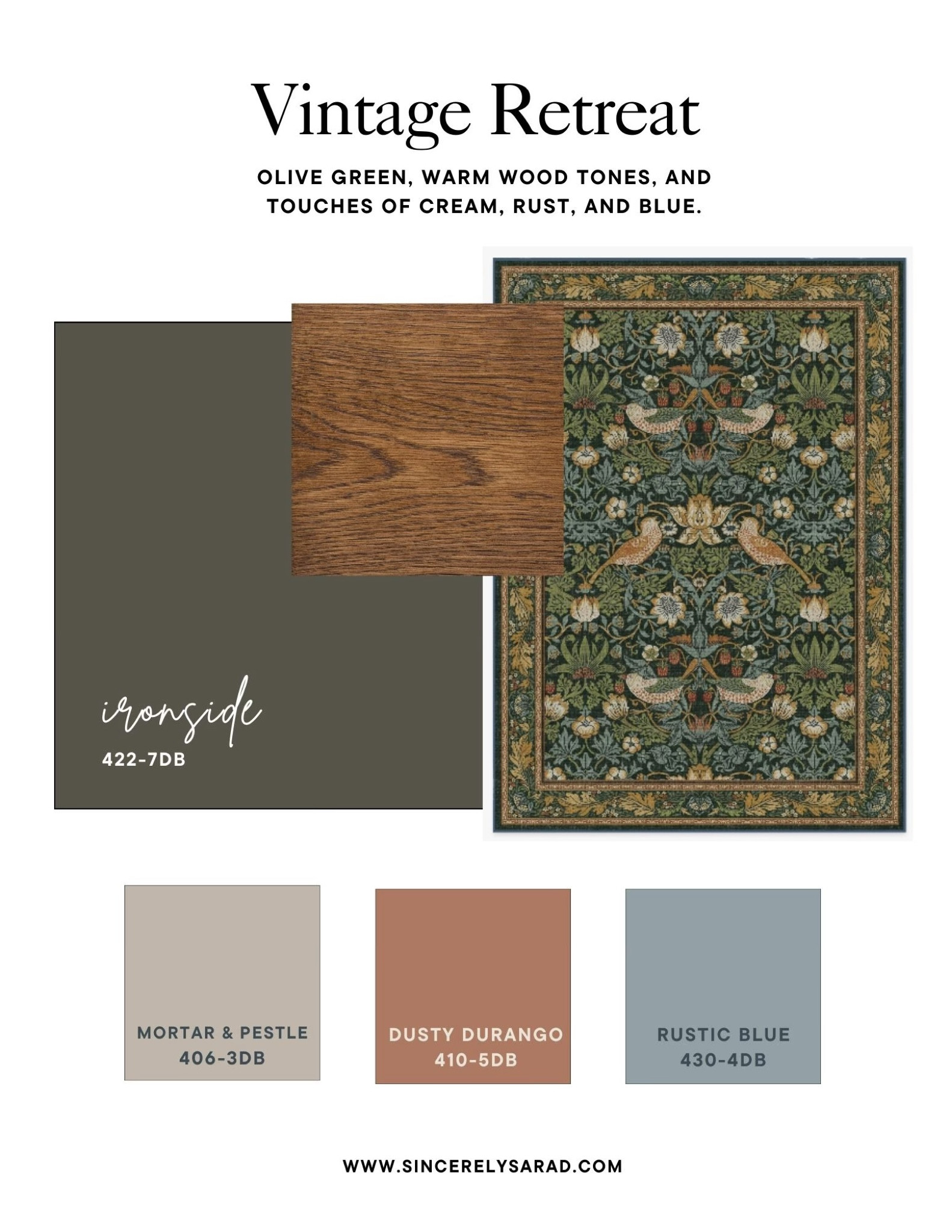 Vintage Retreat:  Olive green, warm wood tones, and touches of cream, rust and blue.

Paint Colors are Dutch Boy.

#LTKHome