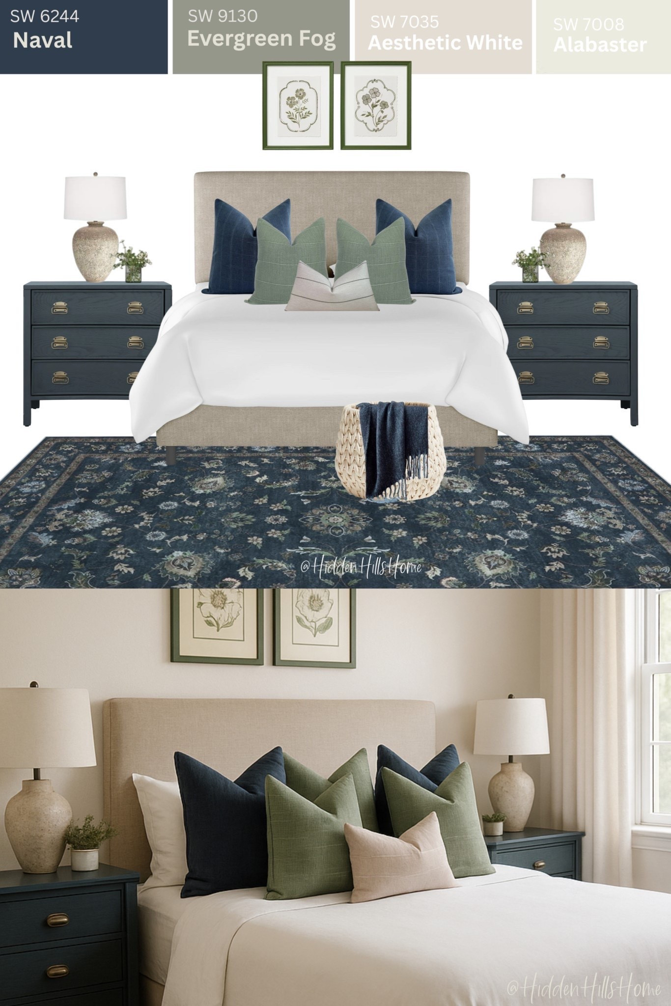Bedroom decor, blue and Sage green bedroom ideas, home decor, bedding, bedroom inspiration, bedroom paint colors, nightstands, bedroom rug, mood board, bedroom design #bedroom #coastal

#LTKHome #LTKSaleAlert #LTKSeasonal