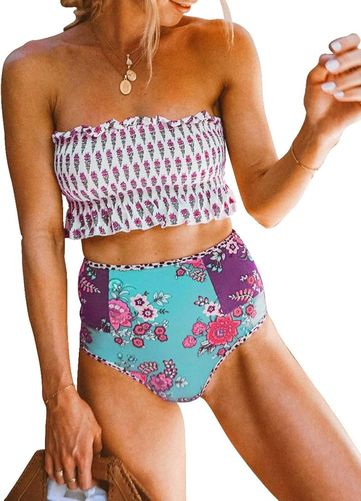Dokotoo Women Cute High Waist Strapless Smocked Bikini Sets Swimsuit Bathing Suit | Amazon (US)