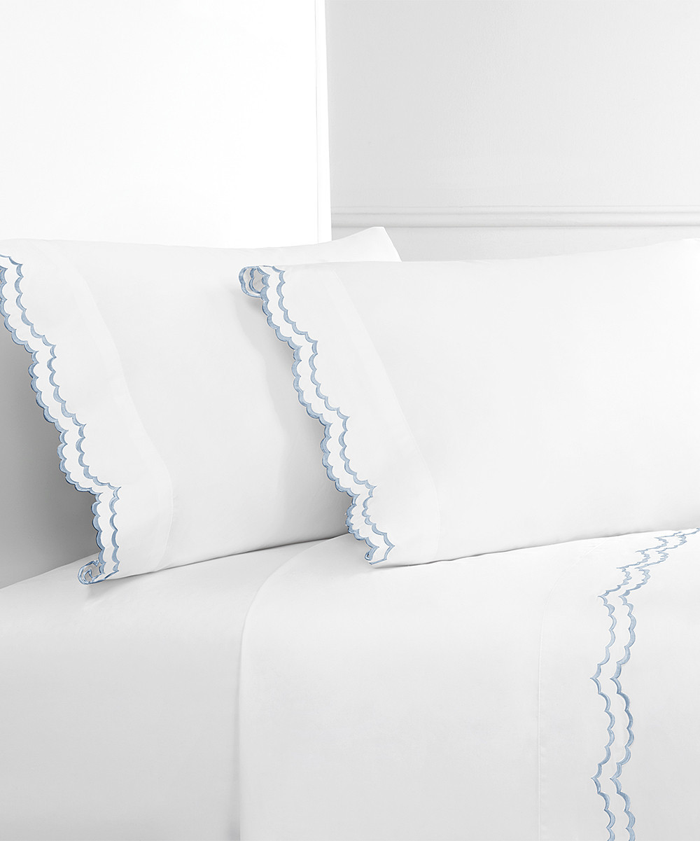 Melange Home Sheet Sets BLUE - White & Blue Double Scallop Embroidered Cotton Sheet Set | Zulily
