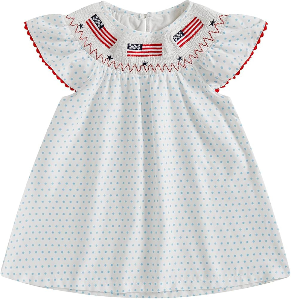 Baby Girl 4th of July Outfit American Flag Embroidery Patriotic Dresses Fly Sleeve Dress Independ... | Amazon (US)