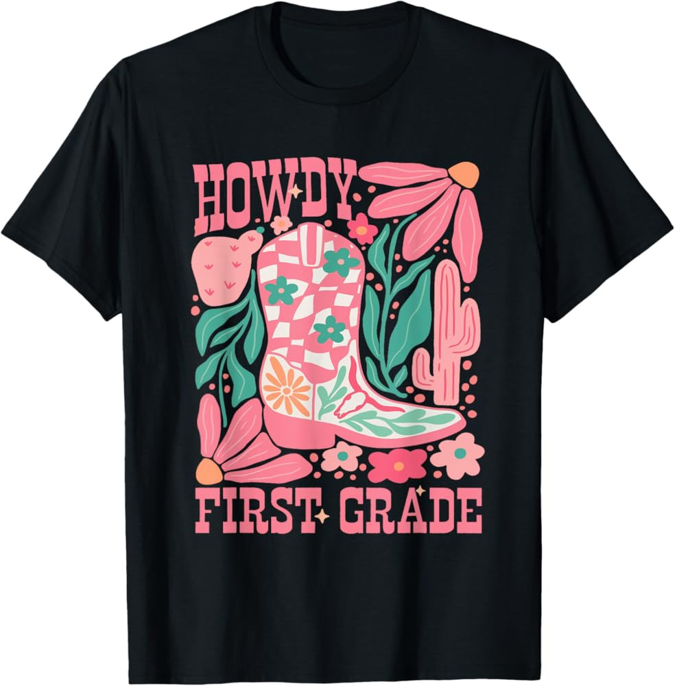 Howdy First Grade 1st Grade Teacher Western Cowboy Cowgirls T-Shirt | Amazon (US)