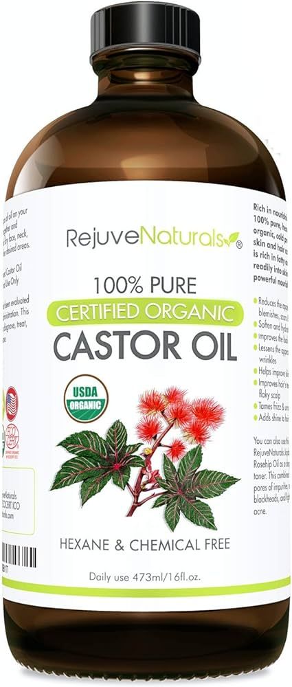 RejuveNaturals Castor Oil (16oz Glass Bottle) USDA Certified Organic, 100% Pure, Cold Pressed, He... | Amazon (US)