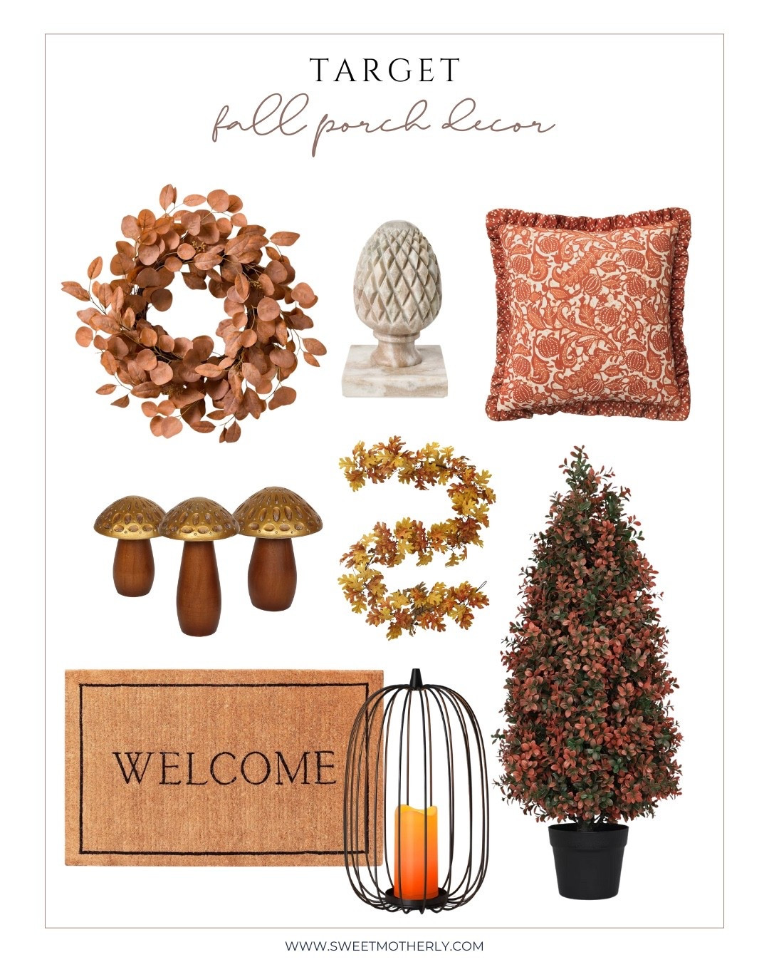 Style your entryway with these Target fall porch decor finds that add a mix of cozy and classic touches. Think seasonal wreaths, patterned pillows, autumn garlands, and charming accents like mushroom figurines and lanterns. These Target fall porch pieces are budget-friendly and perfect for layering into your outdoor fall setup.

#LTKSeasonal #LTKStyleTip #LTKHome
